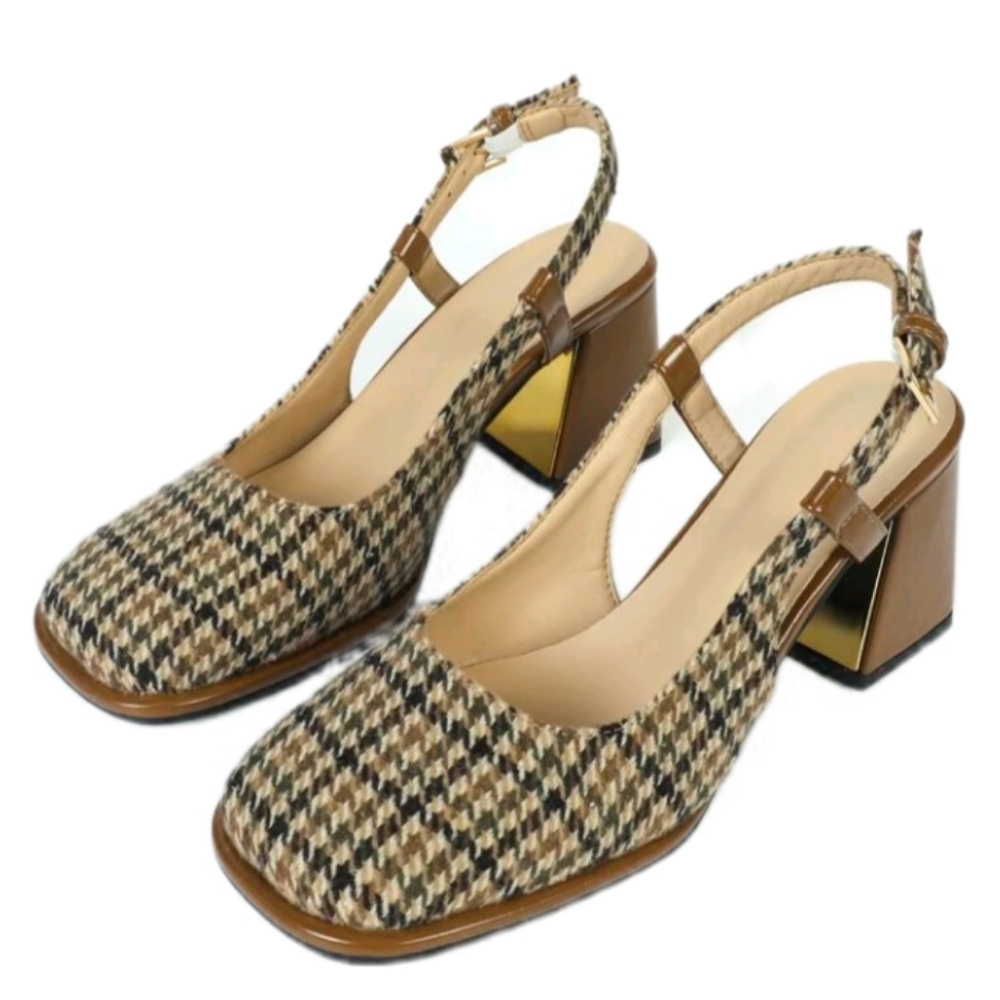 SHEIN Brown and Tan Chunky Heeled Slingback Pumps. Size 9.5